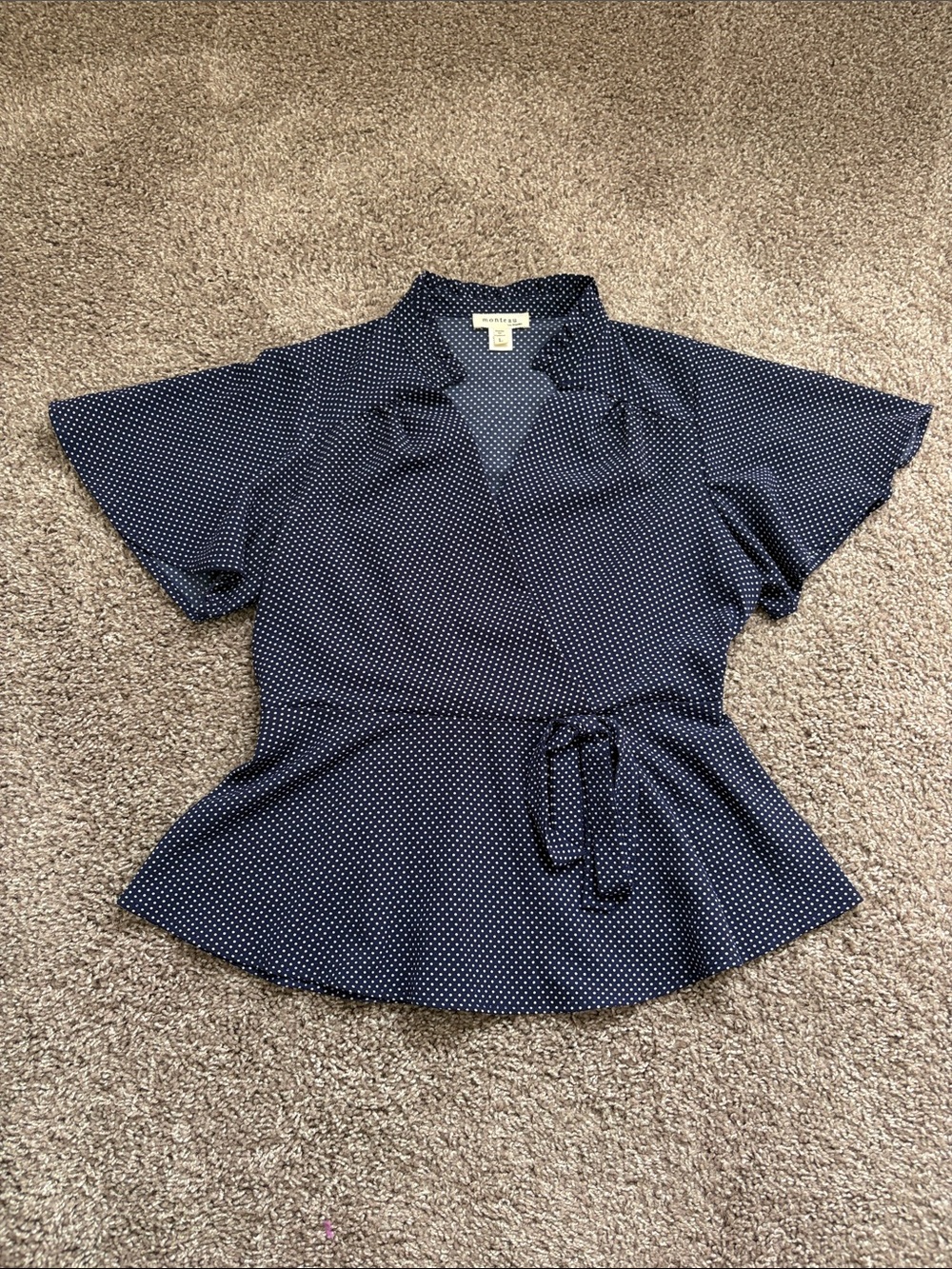 Navy & White Polka Dot Flutter Sleeve V-Neck Top